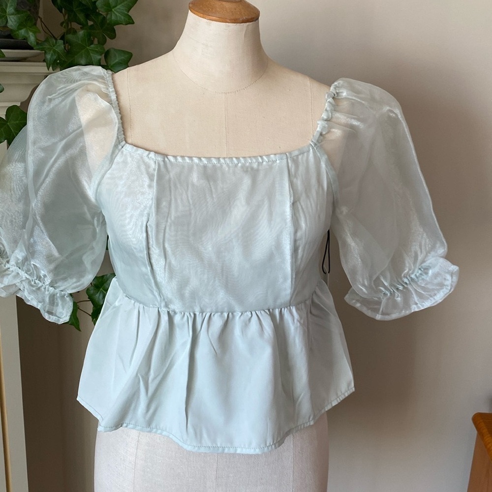 Japna mint green puffed taffeta sleeved blouse with ruffle at bodice. Medium.